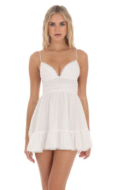 Dotted V-Neck A-line Dress in White